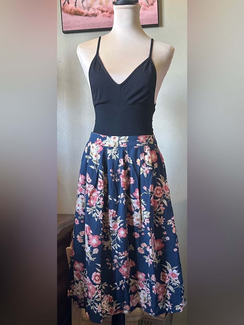 Forever 21 skirt midi Floral indigo with Pink Blooms size M with pockets whimsy